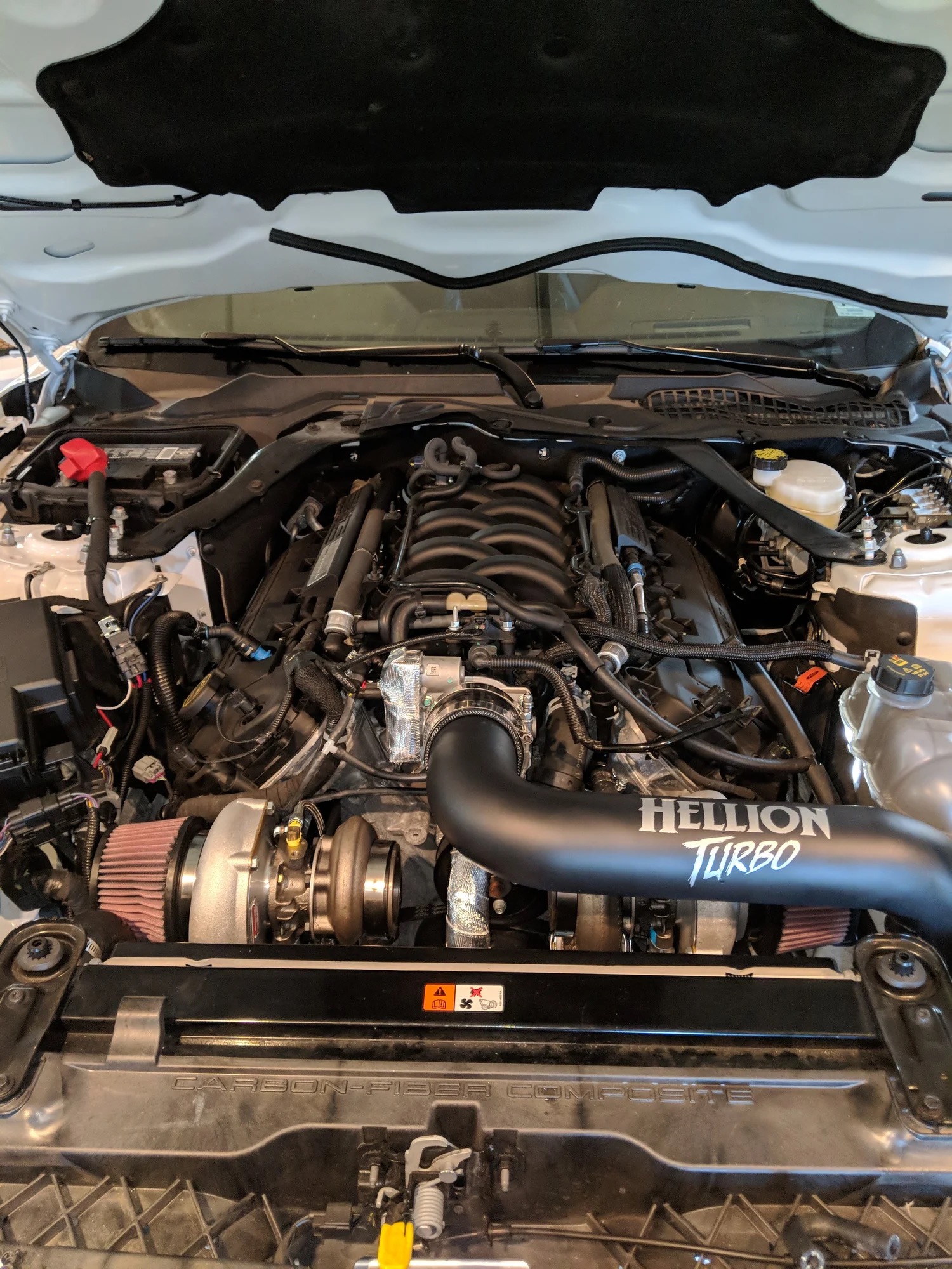 Twin turbochargers installed in the GT350 engine bay